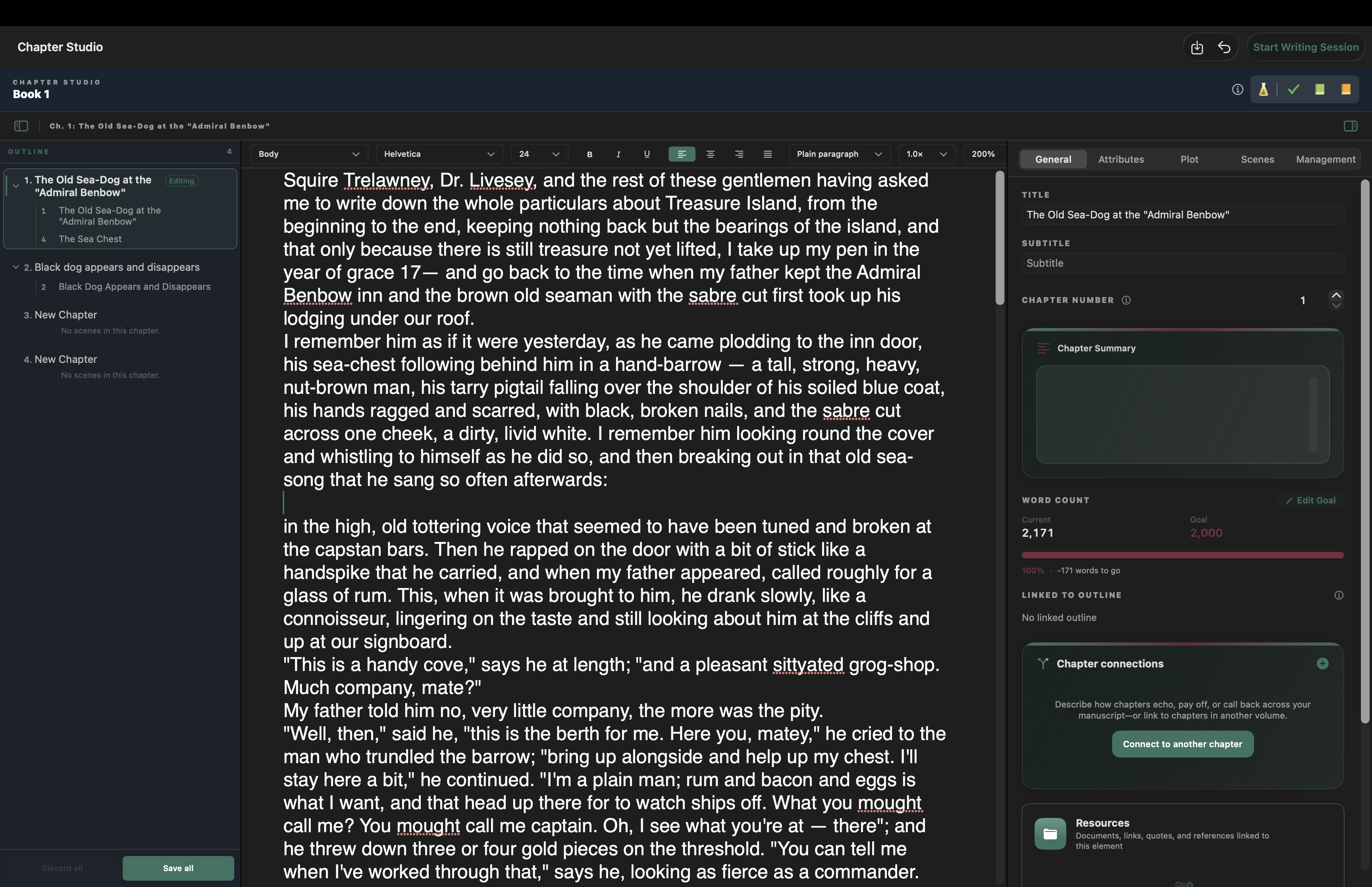 Chapter Studio on Mac — outline navigator, rich text editor, and five-tab chapter inspector